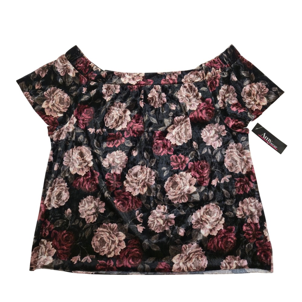 Amywear Women M Floral Velvet Off Shoulder Top Black Burgundy Whimsigoth Romance